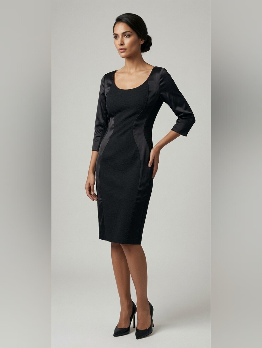 Classic Black Sheath Dress with Paneled Satin Detail